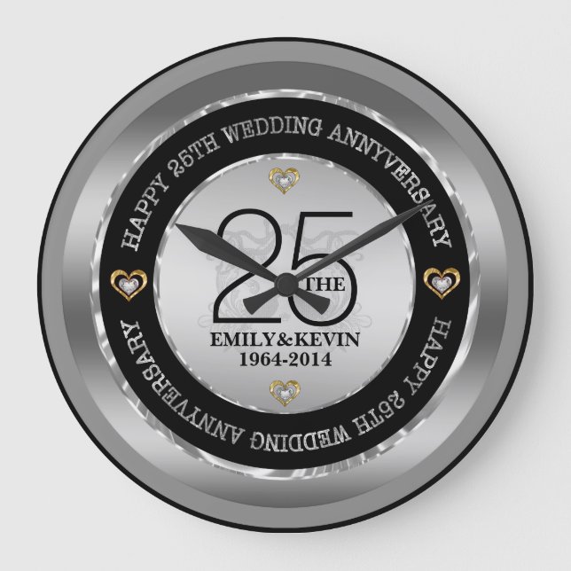 25th Wedding Anniversary Silver & Black Large Clock (Front)