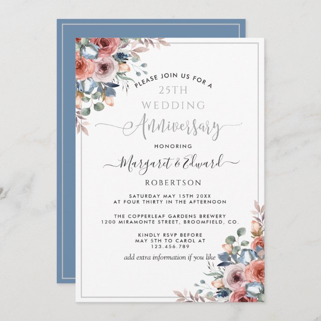 25th Wedding Anniversary, Silver Blue Blush Floral Invitation (Front/Back)