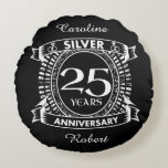 25th wedding anniversary silver crest round cushion<br><div class="desc">A romantic design to celebrate your 25th year of marriage. If you would like any help customising this design please contact me, their is an ask this designer button, just below this text. This twenty fifth, 25 years wedding anniversary crest has the text silver as that is the traditional gift...</div>