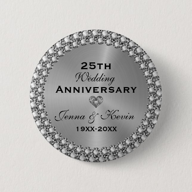 25th Wedding Anniversary Silver & Diamonds Button (Front)