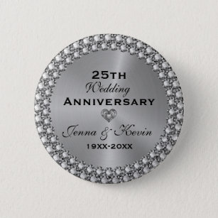 25th Wedding Anniversary Silver & Diamonds Button