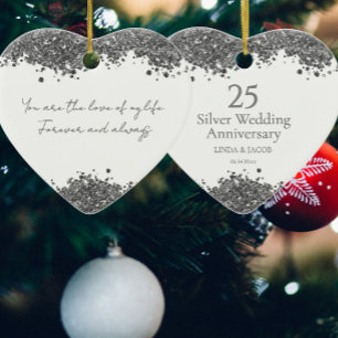 25th Wedding Anniversary Silver Faux Glitter Ceramic Tree Decoration