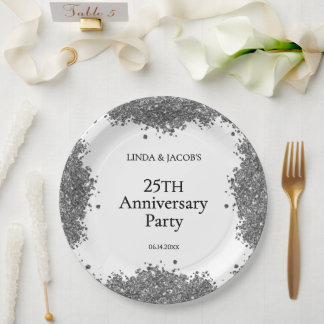 25th Wedding Anniversary Silver Faux Glitter Paper Plate