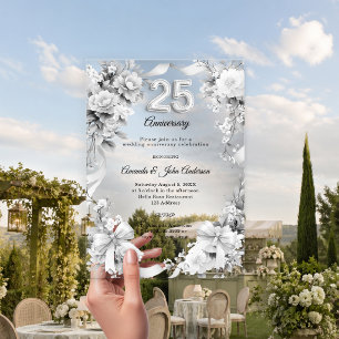 25th wedding anniversary silver florals bows acrylic invitations