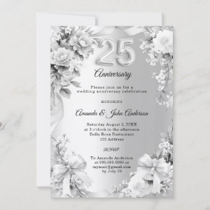 25th wedding anniversary silver florals bows invitation