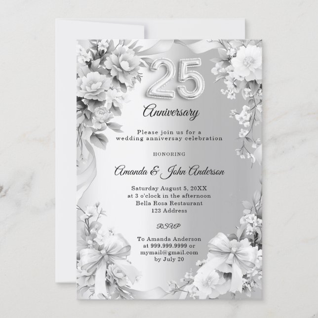 25th wedding anniversary silver florals bows invitation (Front)