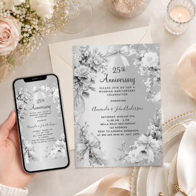 25th wedding anniversary silver florals bows invitation (Creator Uploaded)