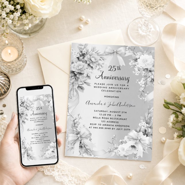 25th wedding anniversary silver florals bows invitation (Creator Uploaded)