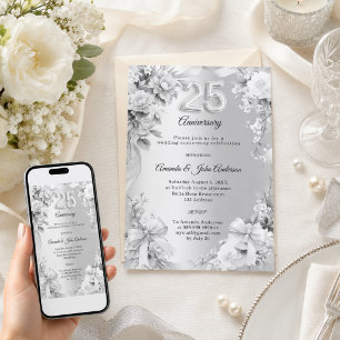 25th wedding anniversary silver florals bows invitation