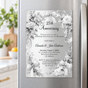 25th wedding anniversary silver florals bows magnetic invitation