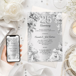 25th wedding anniversary silver florals bows photo invitation