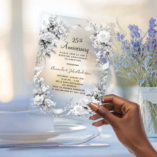 25th wedding anniversary silver florals frosted acrylic invitations (Creator Uploaded)