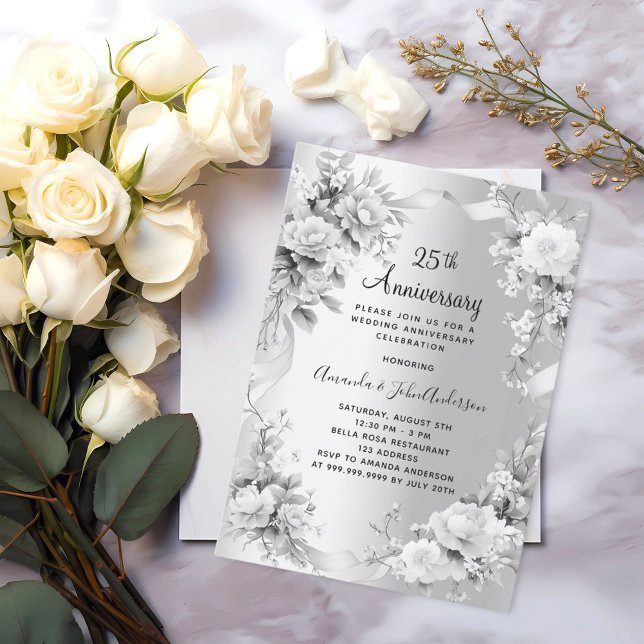 25th wedding anniversary silver florals invitation (Creator Uploaded)