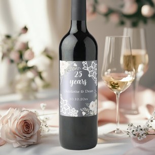 25th wedding anniversary silver florals wine label