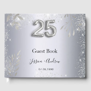 25th wedding anniversary silver foliage guest book