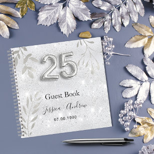 25th wedding anniversary silver foliage guest book