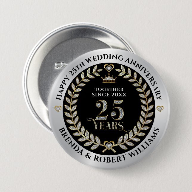 25th wedding anniversary silver glitter and gold 7.5 cm round badge (Front & Back)