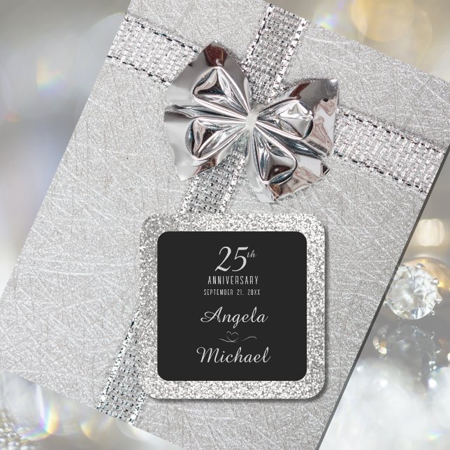 25th Wedding Anniversary Silver Glitter Elegant Square Sticker (Creator Uploaded)