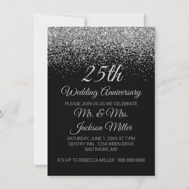 25th Wedding Anniversary Silver Glitter Invitation (Front)