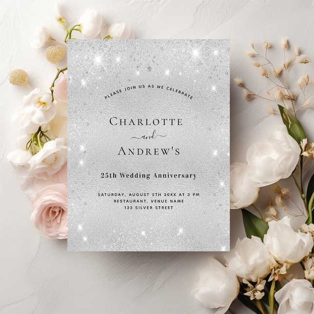 25th wedding anniversary silver glitter invitation (Creator Uploaded)