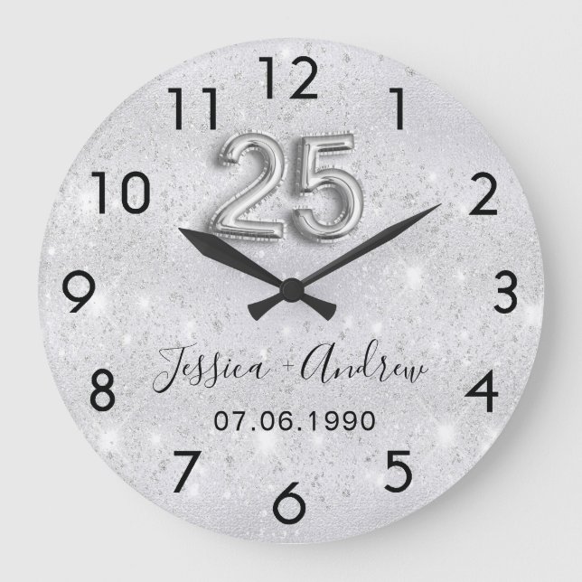 25th wedding anniversary silver glitter large clock (Front)