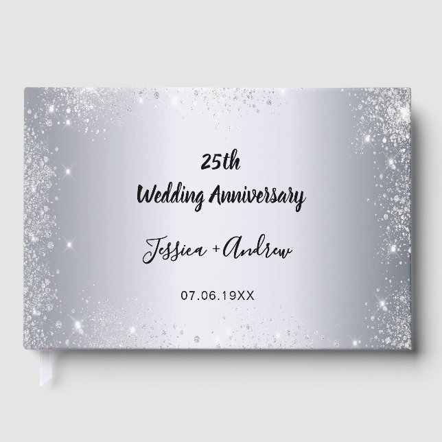 25th wedding anniversary silver glitter photo guest book (Front)