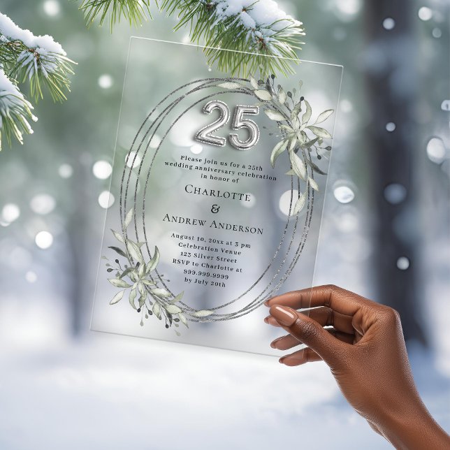 25th wedding anniversary silver greenery clear acrylic invitations (Creator Uploaded)