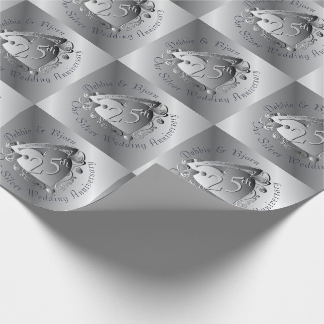 25th Wedding Anniversary Silver Heart Medallion Wrapping Paper (Corner)