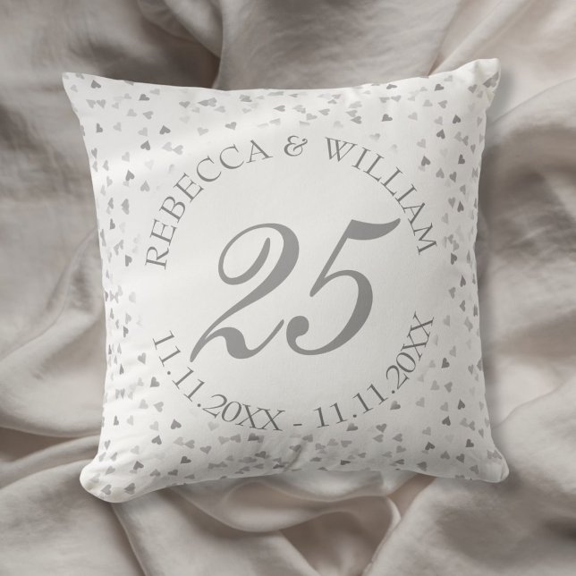 25th Wedding Anniversary Silver Hearts Confetti Cushion (25th Wedding Anniversary Silver Hearts Confetti Throw Pillow)