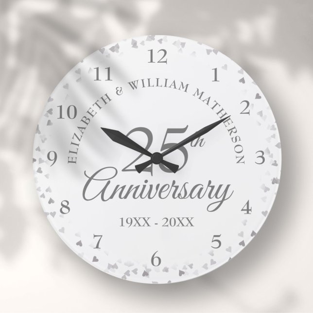25th Wedding Anniversary Silver Hearts Confetti Large Clock (25th Wedding Anniversary Silver Hearts Confetti Large Clock)