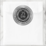 25th wedding anniversary silver laurel wreath classic round sticker<br><div class="desc">Silver laurel wreath on silver and black customisable 25th wedding anniversary template designs. You can easily customise your names and dates of the anniversary.
White diamond heart accents.</div>