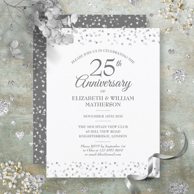 25th Wedding Anniversary Silver Love Hearts Invitation Postcard (Creator Uploaded)