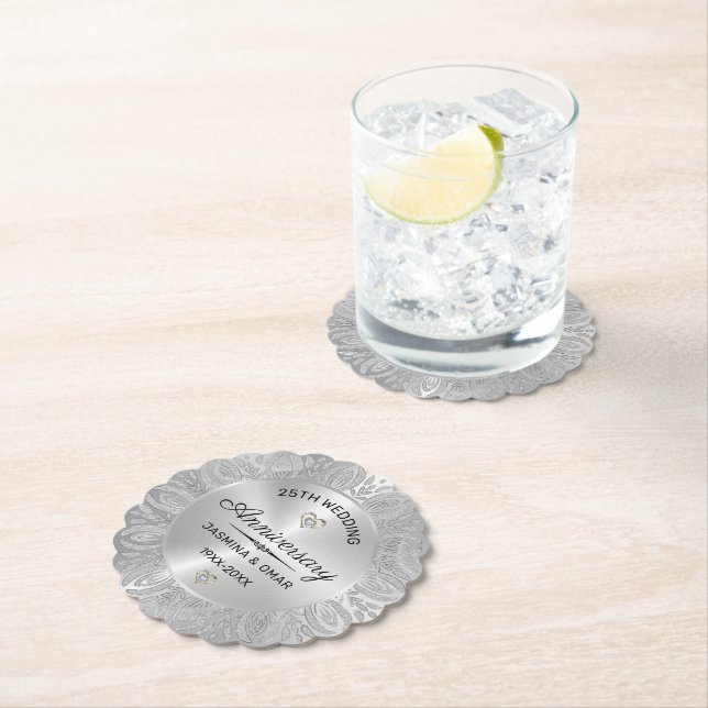 25th wedding anniversary silver mandala paper coaster (Insitu)