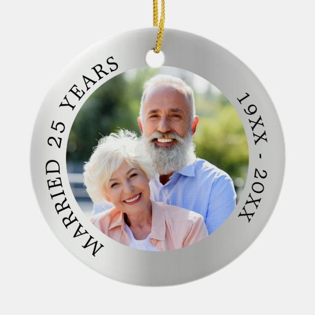25th wedding anniversary silver photo ceramic tree decoration (Front)
