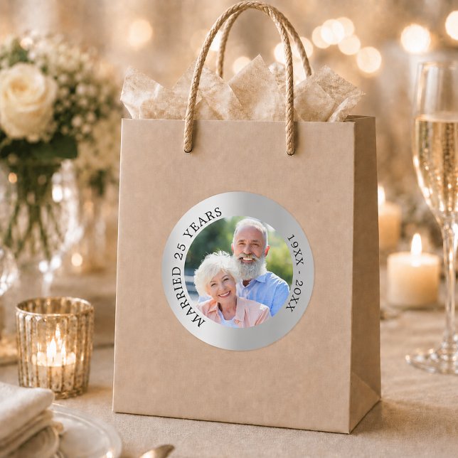 25th wedding anniversary silver photo classic round sticker (Creator Uploaded)