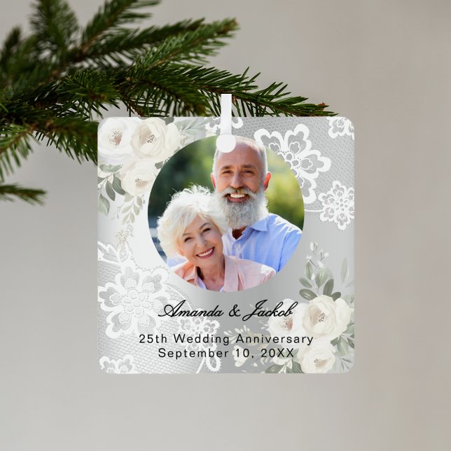 25th Wedding Anniversary silver photo florals lace Metal Tree Decoration (Creator Uploaded)