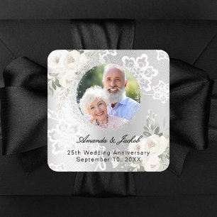 25th Wedding Anniversary silver photo florals  Square Sticker