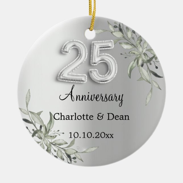 25th wedding anniversary silver photo greenery ceramic tree decoration (Front)