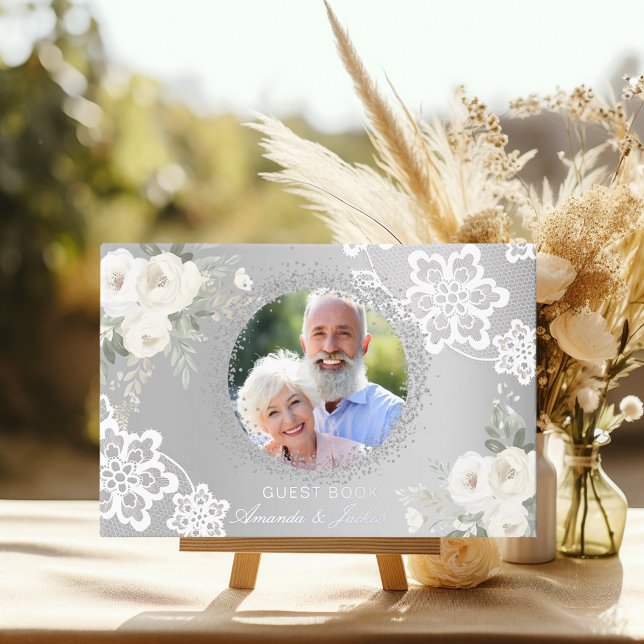 25th Wedding Anniversary silver photo lace floral Guest Book (Creator Uploaded)