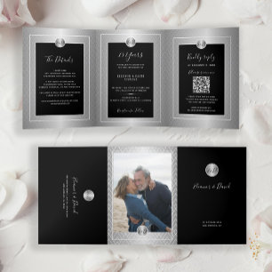 25th wedding anniversary silver photo QR RSVP Tri-Fold Announcement