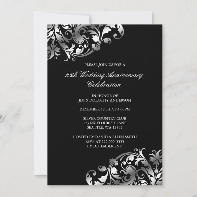 25th Wedding Anniversary Silver Swirl Flourish Invitation (Front)