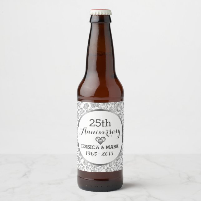 25th Wedding Anniversary Silver & White Damasks Beer Bottle Label (Front)