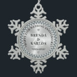 25th Wedding Anniversary Silver & White Diamonds 2 Snowflake Pewter Christmas Ornament<br><div class="desc">Commemorate your 25 years of marriage with this ornament design,  featuring images of silver and white diamonds on a background with personalizable black retro typography. It's a cool way to remember your silver wedding day.</div>