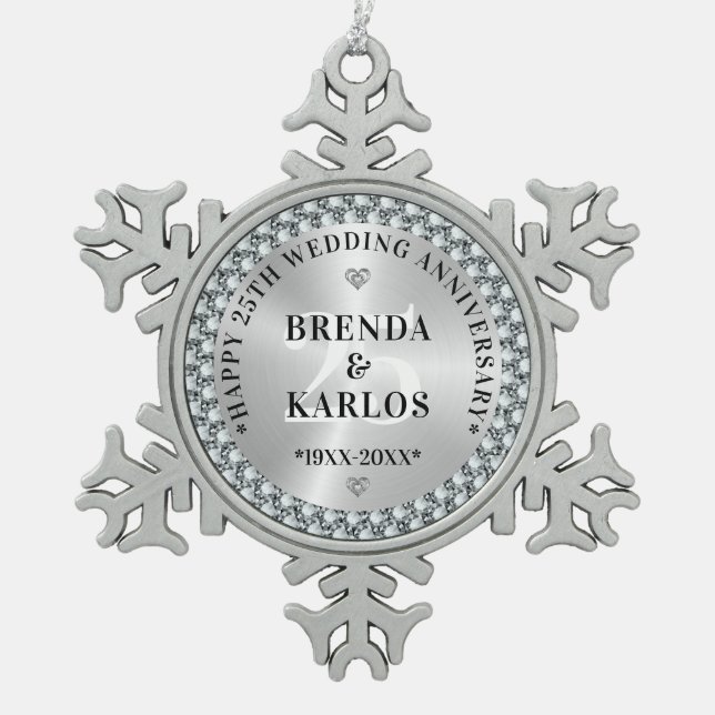 25th Wedding Anniversary Silver & White Diamonds 2 Snowflake Pewter Christmas Ornament (Front)
