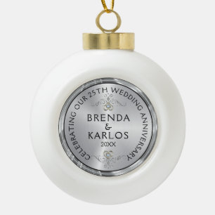 25th wedding anniversary silver & white diamonds c ceramic ball christmas ornament