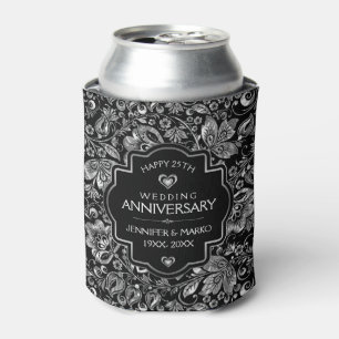 25th Wedding Anniversary &  SilverFloral Damasks Can Cooler