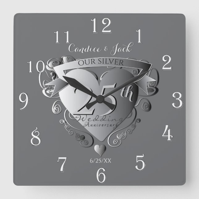 25th Wedding Anniversary Silvery Heart Emblem Square Wall Clock (Front)