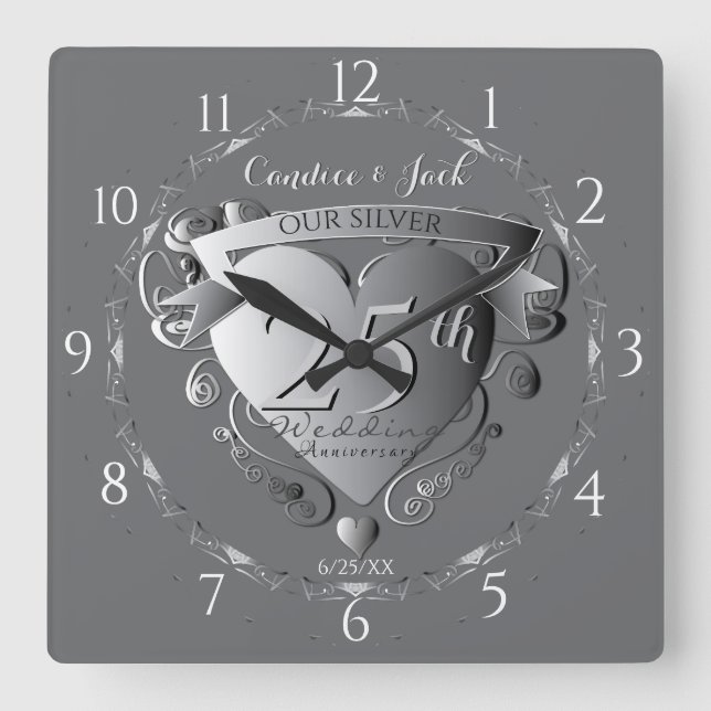25th Wedding Anniversary Silvery Heart Emblem  Square Wall Clock (Front)