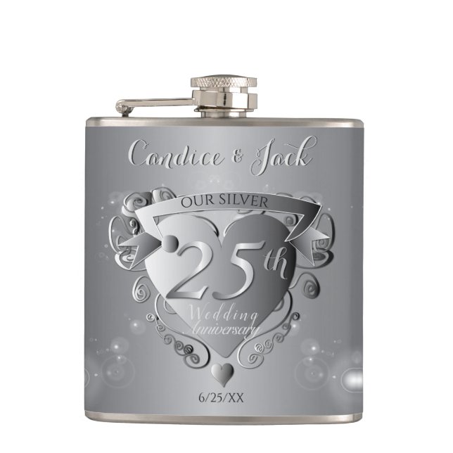 25th Wedding Anniversary Silvery Heart  Hip Flask (Front)