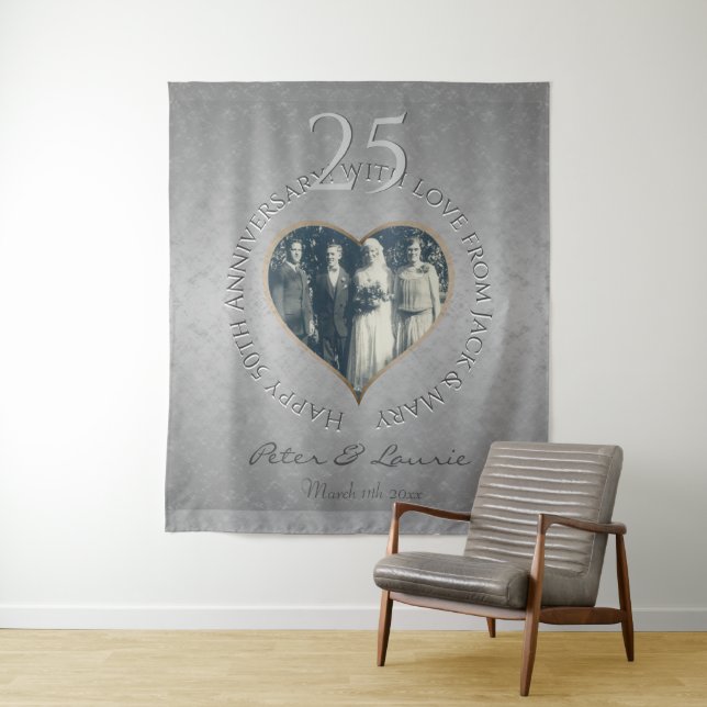25th Wedding Anniversary silvery Photo Heart  Tapestry (In Situ)